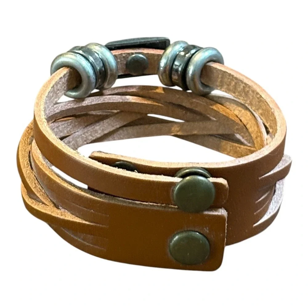 Leather‎ Cuff Bracelet OS Brown Braided Multi-Strand Metal Accents Boho Rustic